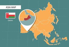 Oman map in Asia zoom version, icons showing Oman location and flags. vector