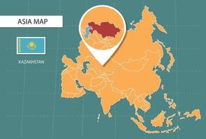 mapa de kazajstán en la versión de zoom de asia, iconos que muestran la ubicación y las banderas de kazajstán. vector