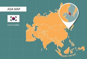 mapa de corea del sur en la versión de zoom de asia, iconos que muestran la ubicación y las banderas de corea del sur. vector