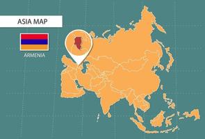 mapa de armenia en la versión de zoom de asia, iconos que muestran la ubicación y las banderas de armenia. vector