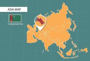 mapa de turkmenistán en la versión de zoom de asia, iconos que muestran la ubicación y las banderas de turkmenistán. vector