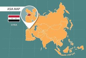 Syria map in Asia zoom version, icons showing Syria location and flags. vector