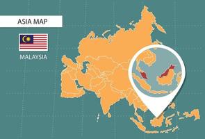 Malaysia map in Asia zoom version, icons showing Malaysia location and flags. vector