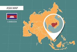 mapa de camboya en la versión de zoom de asia, iconos que muestran la ubicación y banderas de camboya. vector