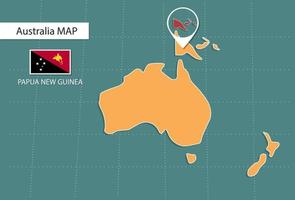 Mapa de papúa nueva guinea en la versión de zoom de australia, iconos que muestran la ubicación y las banderas de papúa nueva guinea. vector