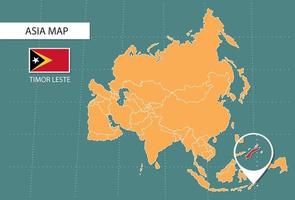 Mapa de timor leste en la versión de zoom de asia, íconos que muestran la ubicación y las banderas de timor leste. vector