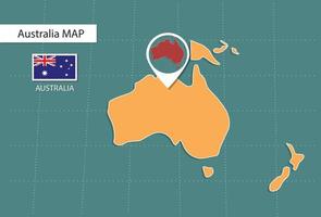 Australia map in zoom version, icons showing Australia location and flags. vector