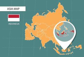 mapa de indonesia en la versión de zoom de asia, iconos que muestran la ubicación y las banderas de indonesia. vector
