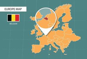 mapa de bélgica en la versión de zoom de europa, íconos que muestran la ubicación de bélgica y banderas. vector