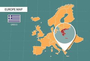 mapa de grecia en la versión de zoom de europa, iconos que muestran la ubicación y las banderas de grecia. vector