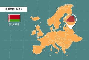 mapa de bielorrusia en la versión de zoom de europa, iconos que muestran la ubicación y las banderas de bielorrusia. vector