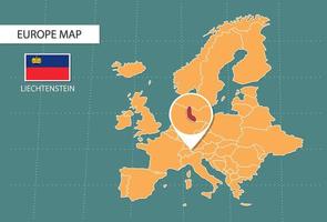 mapa de Liechtenstein en la versión de zoom de Europa, iconos que muestran la ubicación y las banderas de Liechtenstein. vector