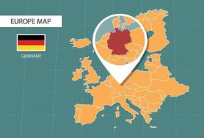mapa de alemania en la versión de zoom de europa, iconos que muestran la ubicación y las banderas de alemania. vector