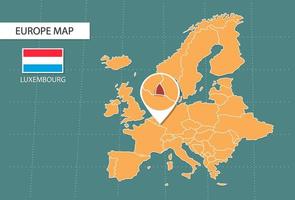 mapa de luxemburgo en la versión de zoom de europa, iconos que muestran la ubicación y las banderas de luxemburgo. vector