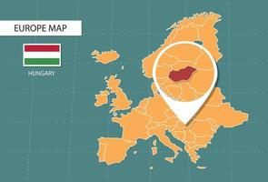 mapa de hungría en la versión de zoom de europa, iconos que muestran la ubicación y las banderas de hungría. vector