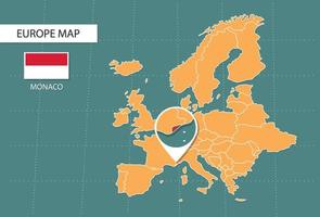 mapa de mónaco en la versión de zoom de europa, iconos que muestran la ubicación y las banderas de mónaco. vector