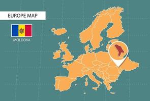 mapa de moldavia en versión zoom de europa, íconos que muestran la ubicación y banderas de moldavia. vector