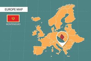 mapa de montenegro en la versión zoom de europa, iconos que muestran la ubicación y las banderas de montenegro. vector