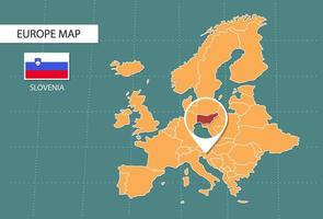 mapa de eslovenia en la versión de zoom de europa, iconos que muestran la ubicación y las banderas de eslovenia. vector