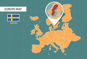 Sweden map in Europe zoom version, icons showing Sweden location and flags. vector