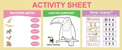 Educational printable worksheet. Activity sheet for children with animal theme. Coloring sheet, matching words, counting how many activity. Vector file.