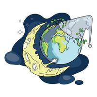 Sleeping earth globe with moon cute vector illustration.World sleep day concept with planet in sleep cap.Earth hour baner,poster,print design template