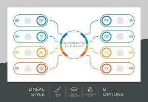 Circle option infographic vector design with 8 options colorful style for presentation purpose.Line option infographic can be used for business and marketing