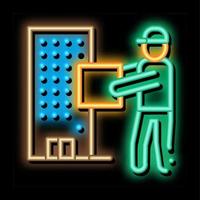 Courier with Box near High-Rise Building neon glow icon illustration vector