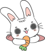 schattig gelukkig glimlach wit konijn konijn met wortel in gat tekenfilm tekening dier karakter hand- tekening png