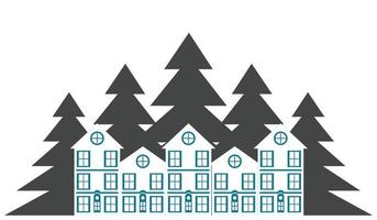Fir trees and houses on a white background. Vector illustration. Illustration of a settlement in a densely populated highland area. Suitable for use in housing or property illustrations