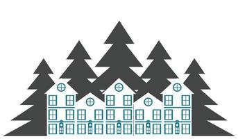 Fir trees and houses on a white background. Vector illustration. Illustration of a settlement in a densely populated highland area. Suitable for use in housing or property illustrations