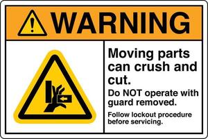 Safety Sign Marking Label Symbol Pictogram Standards Warning Moving parts can crush and cut Do NOT operate with guard removed Follow lockout procedure before servicing vector