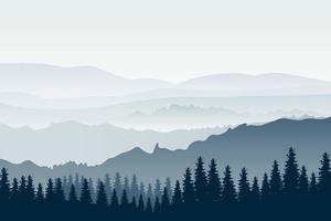 Horizontal mountain landscape with trees. Panoramic view of ridges and forest in fog, vector illustration.