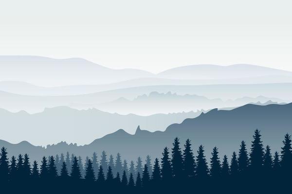 Horizontal mountain landscape with trees. Panoramic view of ridges and forest in fog, vector illustration.