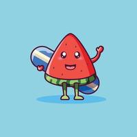 cute watermelon holding surfboard vector