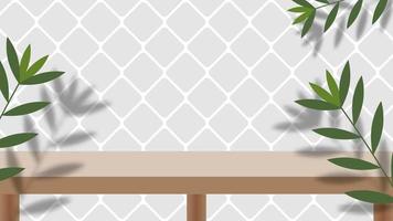 Wooden table with nature green leaf and shadow on white background. Vector illustration. EPS 10.