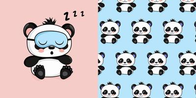 Set with cute panda in sleeping mask and pattern with baby panda on blue backdrop. Vector illustration