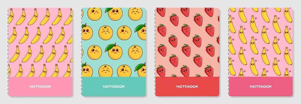 Cover page templates. Vector Cartoon Fruit and Berries prints. Applicable patterns for notebooks, planners, brochures, books, catalogs etc. Patterns, easy to re-size.