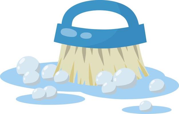 Brush for wet house cleaning and sweeping. Item for combing horse. Cartoon flat illustration. Object for homework. puddle of water with soap bubbles
