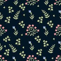 Floral seamless pattern. Scattered flowers and leaves on black background. Vector illustration in flat style.