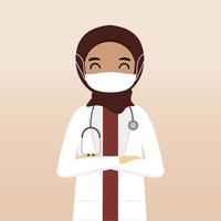 personaje médico hijab musulmán de vista frontal. creación de personajes médicos con vistas, emoción facial, pose, gesto y máscara. estilo de dibujos animados, ilustración vectorial plana. doctora con mascarilla vector