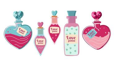 conjunto de vectores de pociones de amor. botellas de bebidas de amor aisladas sobre fondo blanco. ilustración del concepto de día de san valentín. clipart vectorial para tarjetas de felicitación, invitaciones de boda, fiesta, tarjetas de cumpleaños.