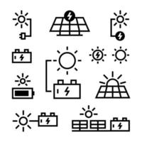 paquete de paneles solares, baterías y soles icono vector ilustración aislada