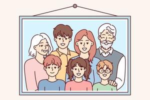 Family photo portrait in frame with teenage children and gray-haired grandparents hangs on wall. Parents and three kids smile to capture happy moments during Sunday get together. Flat vector design