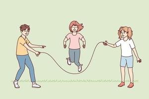 Teenage children stand on lawn jumping rope relaxing during summer vacation or day off. Metaphors of happy childhood with healthy outdoor games and physical activities. Flat vector design