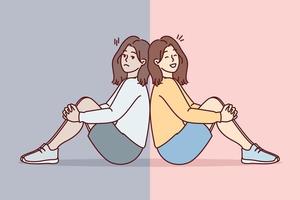 Sad and cheerful girl sit on floor with backs to each other and look at screen. Woman in casual smile after getting rid of depression or ending toxic relationship with boyfriend. Flat vector image