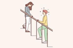 Woman with head down goes down stairs and positive man is waiting for beloved girlfriend downstairs. Teenager in love wants to meet girl whom he met when he climbed stairs. Flat vector image