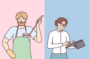 Brutal man preparing food for family while woman doing business or working in office. Girl secretary with tablet computer and bearded guy in apron with ladle of soup in hand. Flat vector illustration