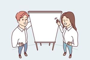 Man and woman office employees stand near empty flipchart carry out business presentation. Top view of guy and girl pointing with hands at sheet of paper for advertising services. Flat vector image