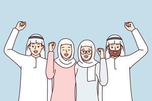 Team of people in arabic clothes make victory gestures rejoice at startup success. Modern men and women in Islamic clothing and headdresses raise their fist up with smile. Flat vector illustration